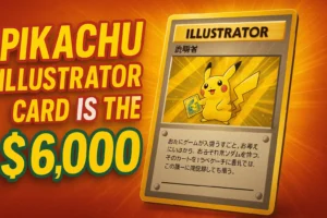 Pikachu Illustrator Card Is the $6,000 make a creative attractive feature image of blog post size 1200x675 with attractive color combination in full clarity and realistic and unique and the font is bold colorful and attractive with eye catching font