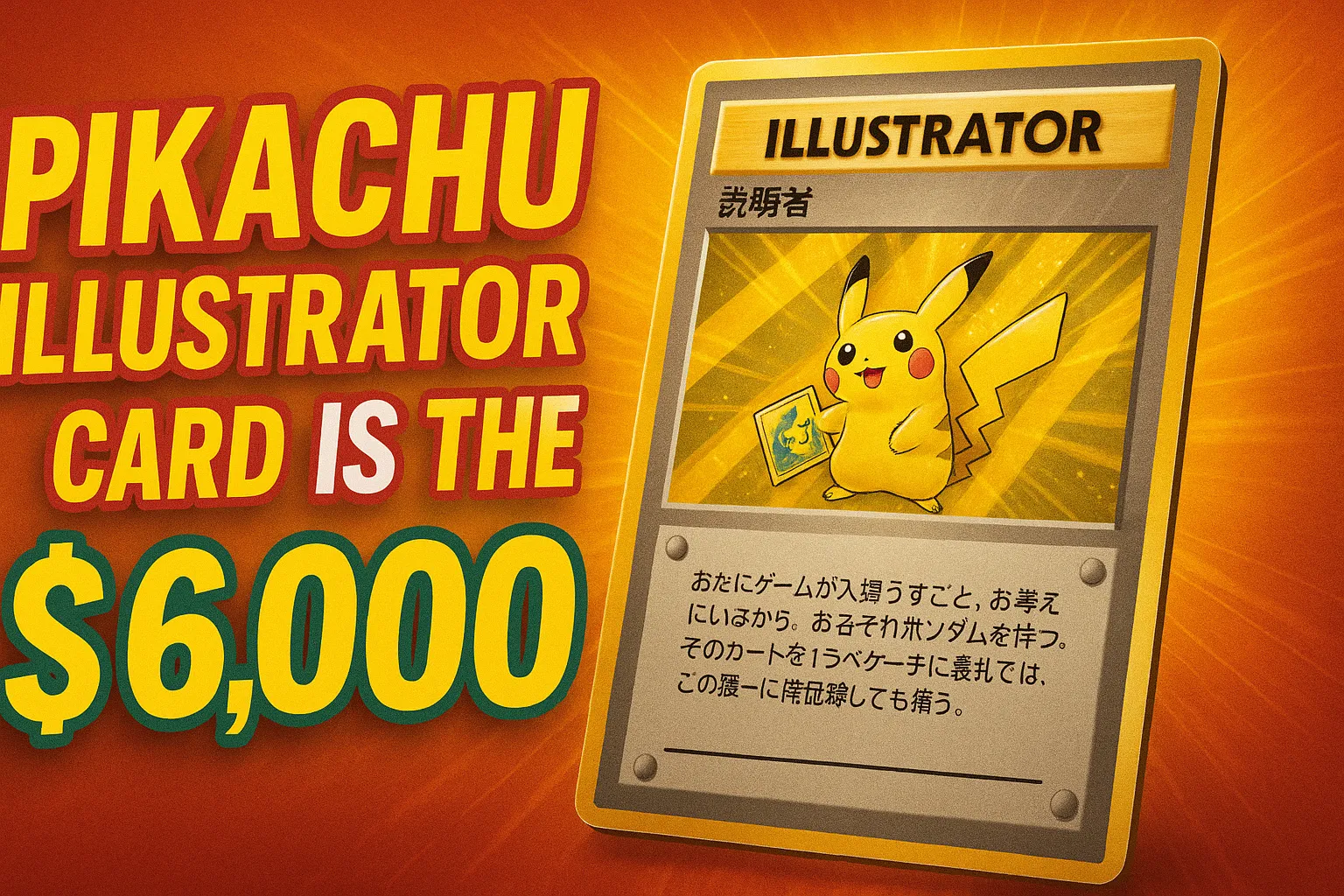 Pikachu Illustrator Card Is the $6,000 make a creative attractive feature image of blog post size 1200x675 with attractive color combination in full clarity and realistic and unique and the font is bold colorful and attractive with eye catching font